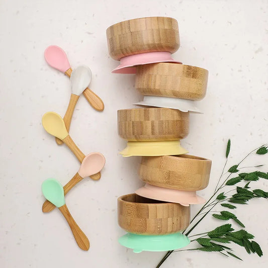 Wooden Baby Feeding Bowl with Silicone Suction Cup and Removable Fork Spoon