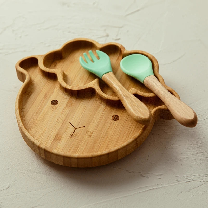 Children's Bamboo Tableware Set with Suction Plate and Spoon