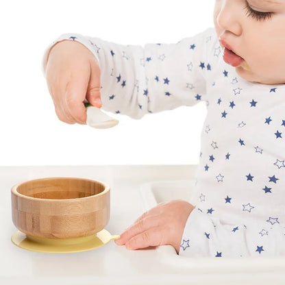Wooden Baby Feeding Bowl with Silicone Suction Cup and Removable Fork Spoon