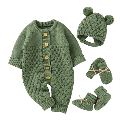 Baby Knitted Rompers for Autumn/Winter - Solid Plain Jumpsuits for Newborn Boys and Girls