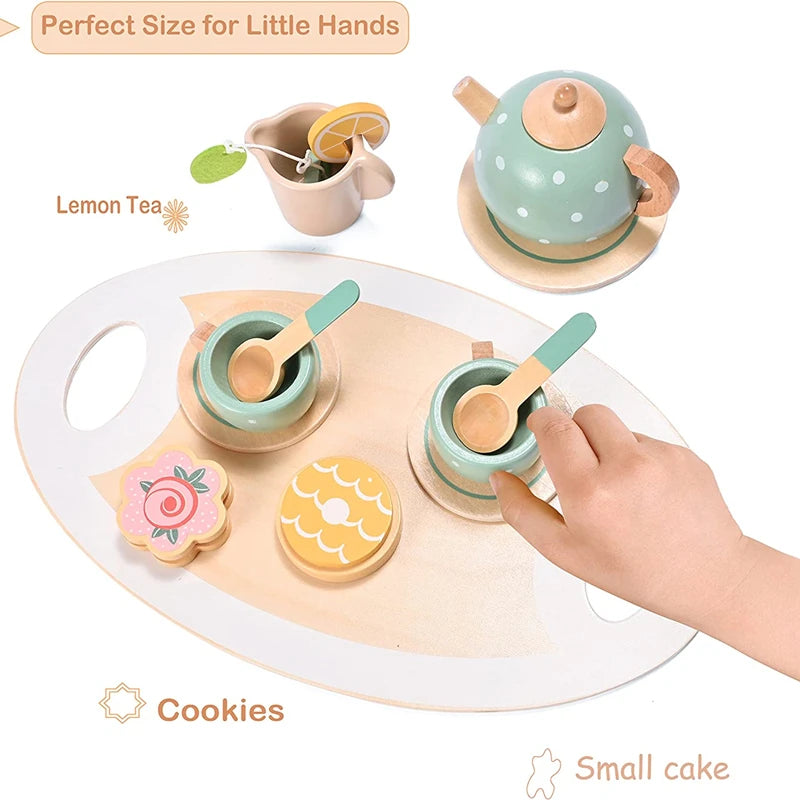 Wooden Tea Set Playset for Kids Tea Party - 15pcs Accessories Included