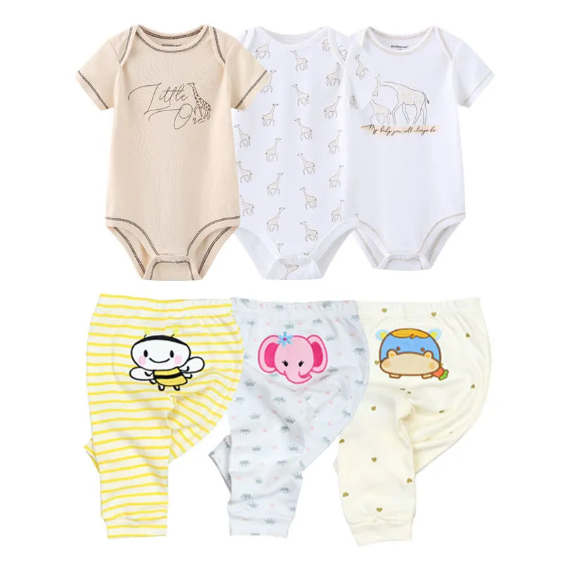 Cartoon Bodysuits+Pants Unisex Cotton Baby Clothes