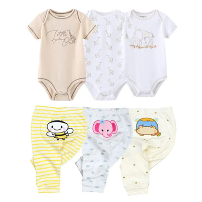 Cartoon Bodysuits+Pants Unisex Cotton Baby Clothes
