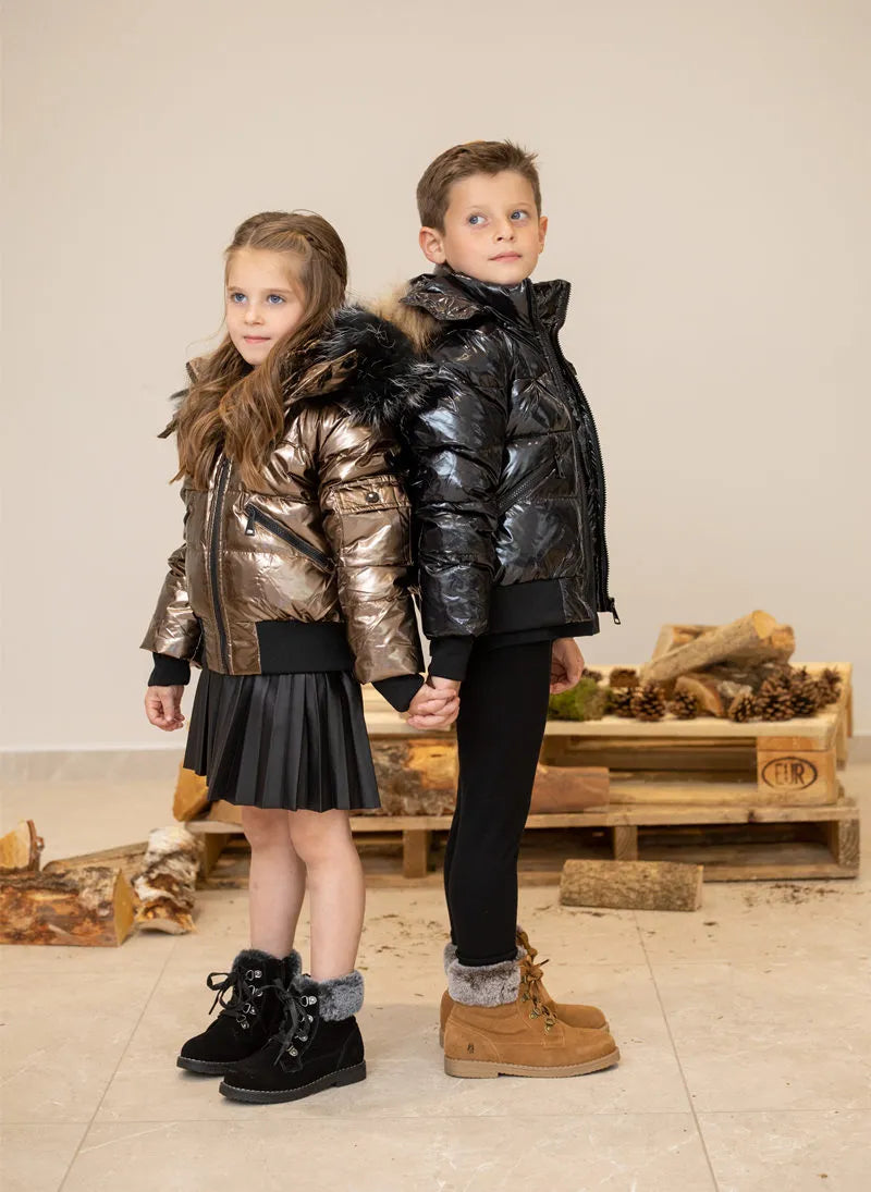 Winter Kids Down Jacket with Fur - Bomber Design