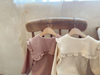 Newborn Baby Girls Organic Cotton Ruffled Collar Lapel Long Sleeve Shirt Top + Bread Pants