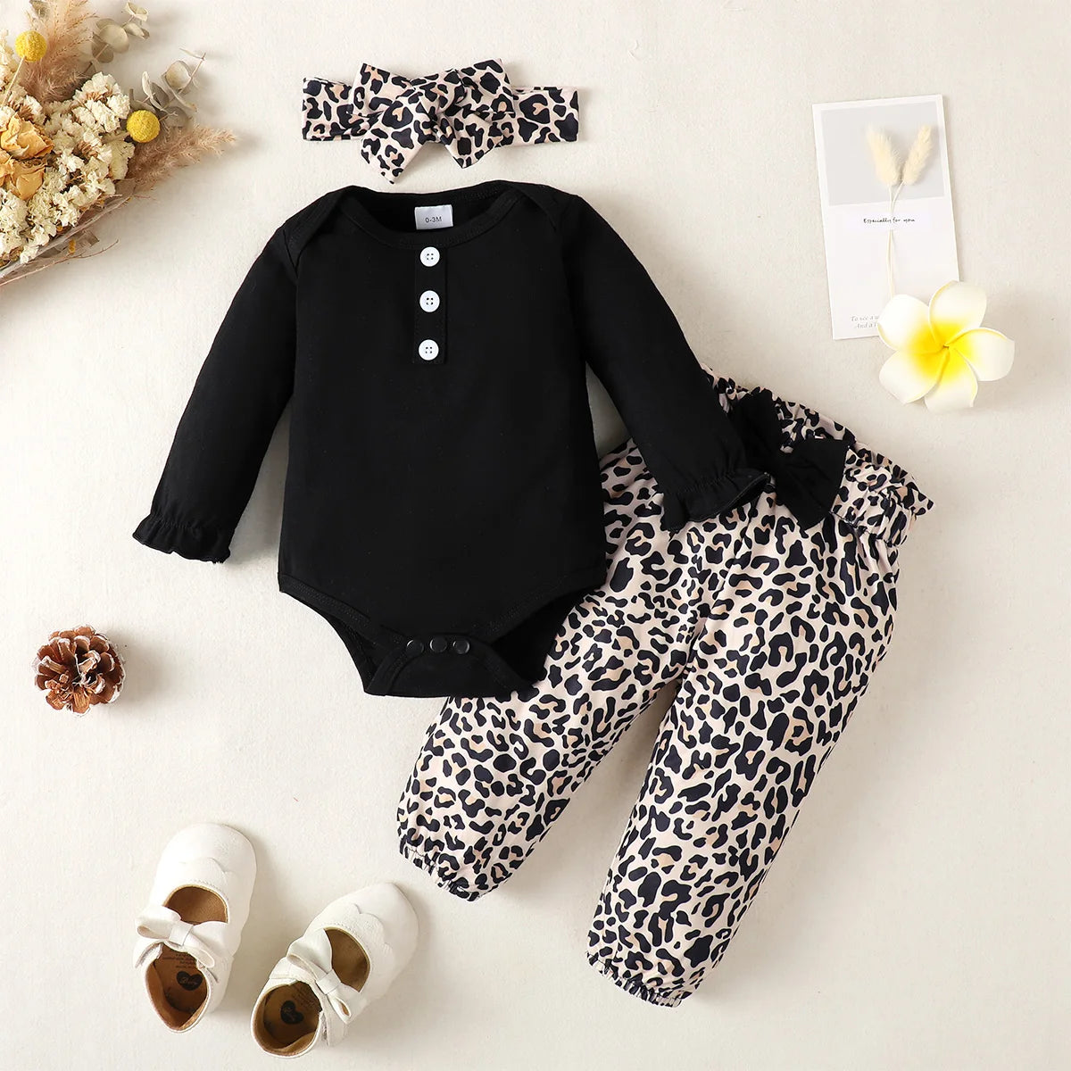 Baby Girl 3-Piece Cotton Romper Set with Dot Pants and Headband