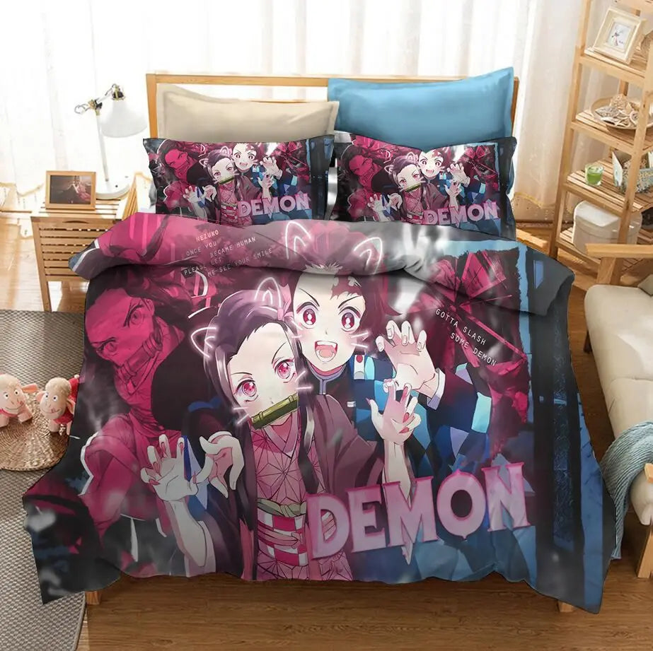 Anime Demon Slayer Duvet Cover Comforter Sets Cartoon Bedding Set for Kid Girls Tanjirou Nezuko Figures Double Sheet Bedspreads