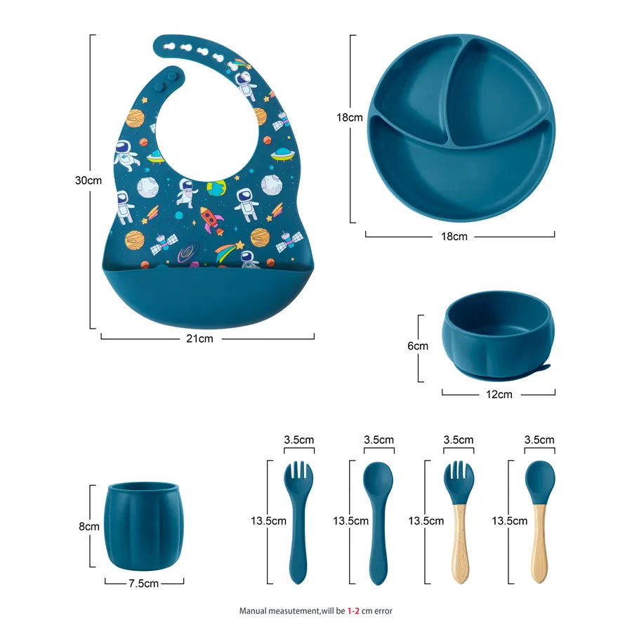 8 PCS Baby Feeding Set Waterproof Bib Kids Sucker Bowl Dishes Plate Cup Spoon Fork