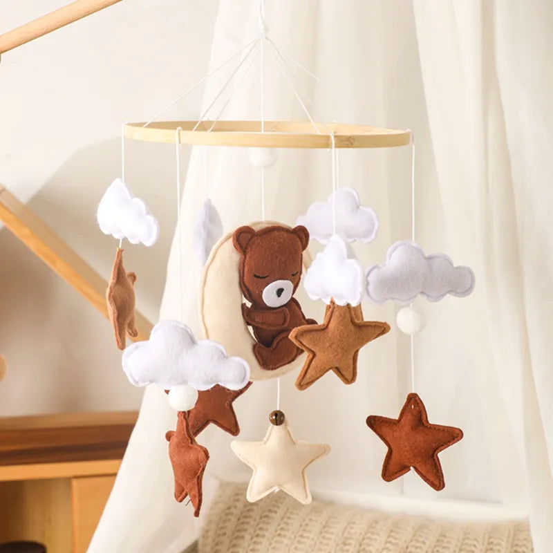 Wooden Baby Rattles Soft Felt Cartoon Bear Cloudy Star Moon Hanging Bed Bell Mobile Crib Montessori Education Toys