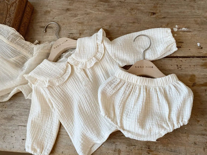 Newborn Baby Girls Organic Cotton Ruffled Collar Lapel Long Sleeve Shirt Top + Bread Pants