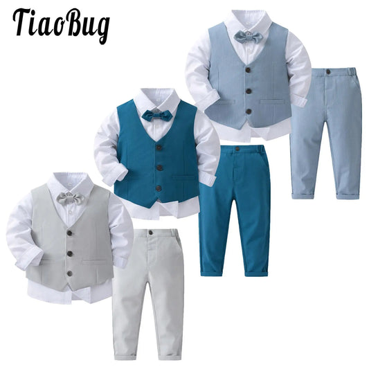 Boys Gentleman Suit Set with Shirt, Bowtie, Vest, and Pants