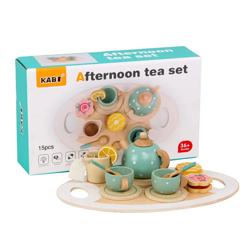 Wooden Tea Set Playset for Kids Tea Party - 15pcs Accessories Included