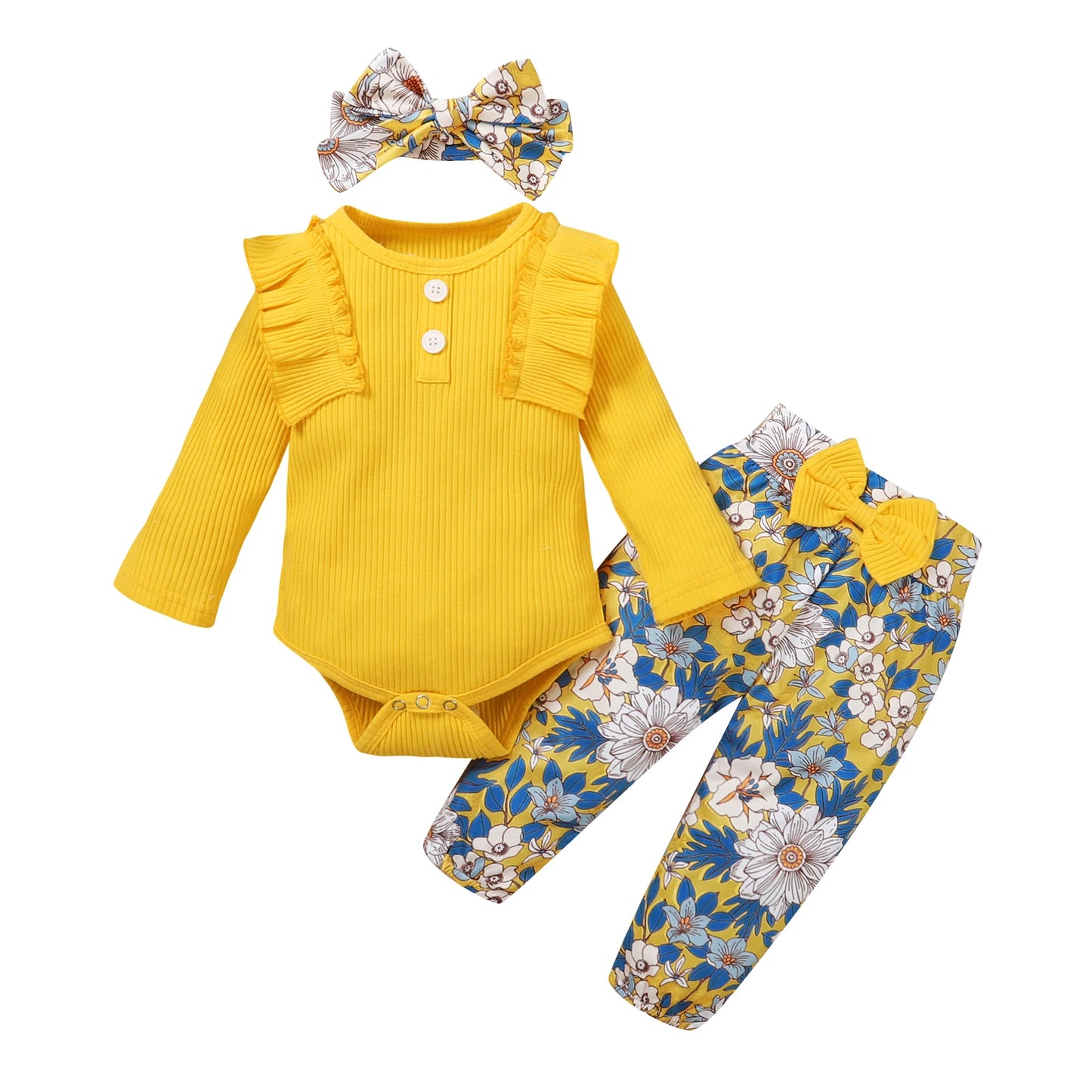 Baby Girl 3-Piece Cotton Romper Set with Dot Pants and Headband